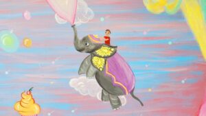 Magical elephants blowing bubblegum and taking little kids up in the air